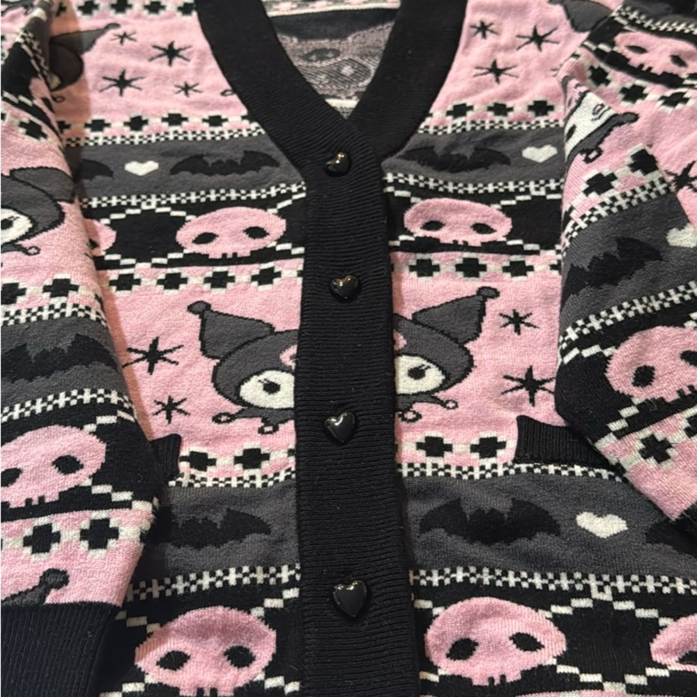 Pink & Black Character Knit Cardigan Sweater - Heart Button Detail